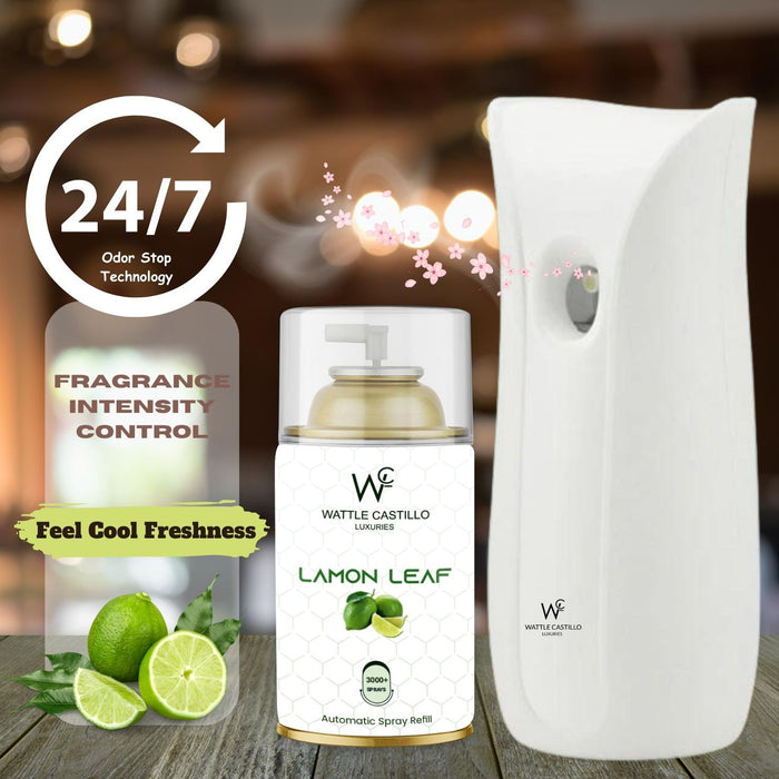 Automatic Air Freshener Dispenser Electric Automatic Machine + Lemon Leaf Refill - 265ml And  3000+ Sprays Guaranteed Room Freshener (Machine + Lemon Leaf