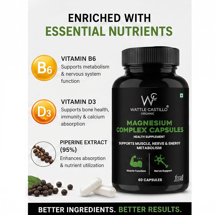 Magnesium Complex Capsules | Magnesium Bisglycinate, Citrate, Taurate & Vitamin D3 | Supports Muscle & Nerve Function | Energy Metabolism Support | 60 Capsules