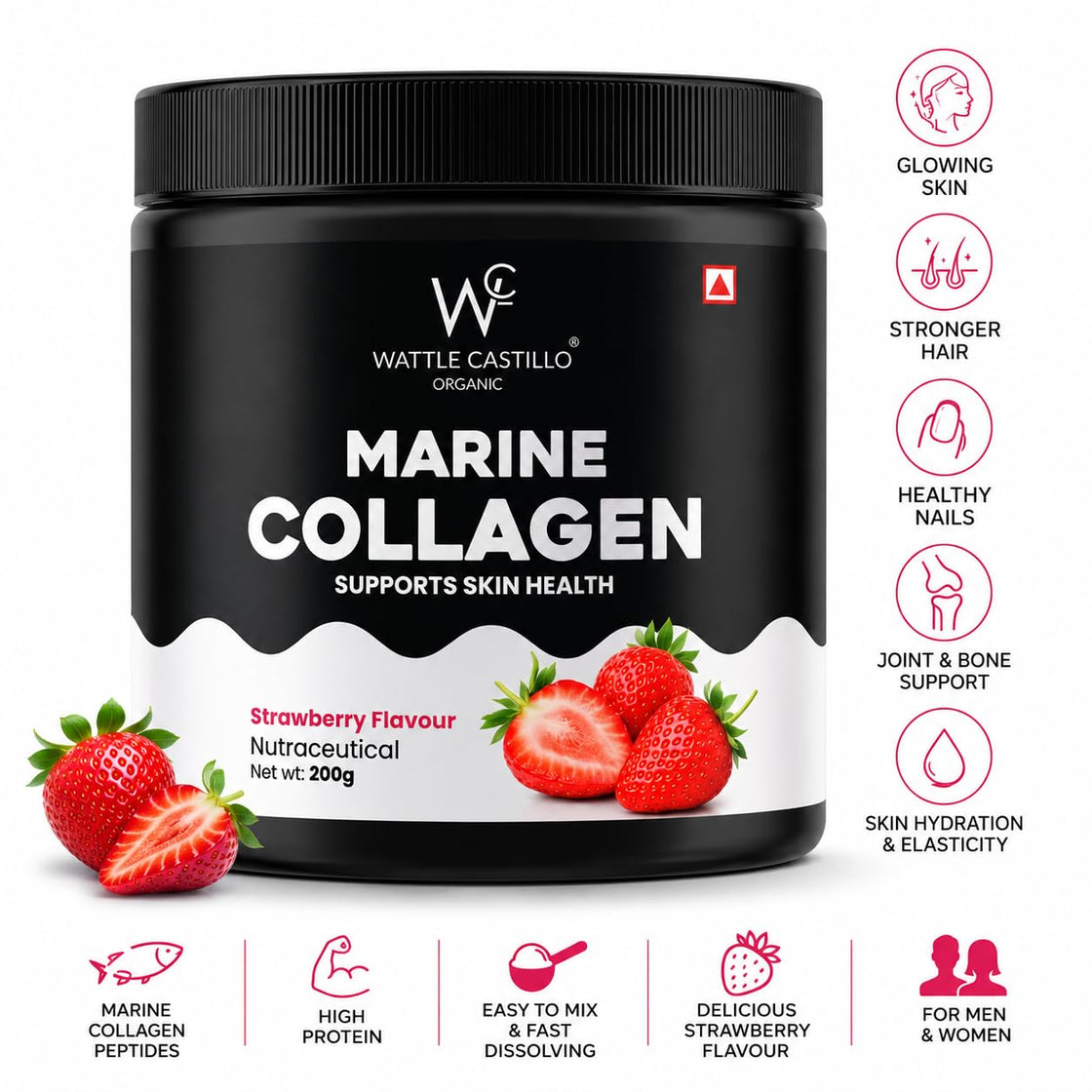 Marine Collagen Powder for Skin, Hair, Nails & Joint Support | Hydrolyzed Marine Collagen Peptides | Strawberry Flavour | 200g | High Protein Collagen Supplement