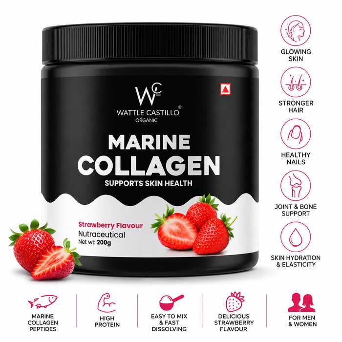 Marine Collagen Powder for Skin, Hair, Nails & Joint Support | Hydrolyzed Marine Collagen Peptides | Strawberry Flavour | 200g | High Protein Collagen Supplement
