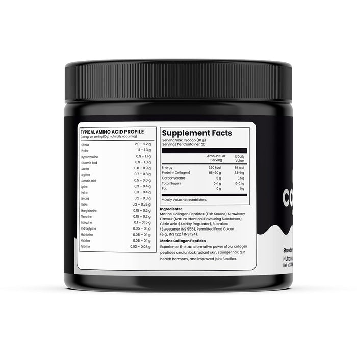 Marine Collagen Powder for Skin, Hair, Nails & Joint Support | Hydrolyzed Marine Collagen Peptides | Strawberry Flavour | 200g | High Protein Collagen Supplement