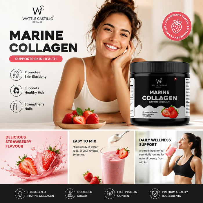 Marine Collagen Powder for Skin, Hair, Nails & Joint Support | Hydrolyzed Marine Collagen Peptides | Strawberry Flavour | 200g | High Protein Collagen Supplement