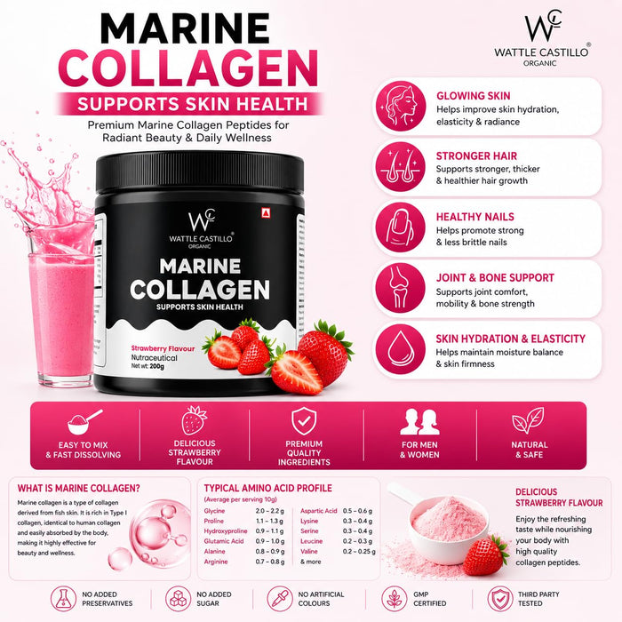 Marine Collagen Powder for Skin, Hair, Nails & Joint Support | Hydrolyzed Marine Collagen Peptides | Strawberry Flavour | 200g | High Protein Collagen Supplement