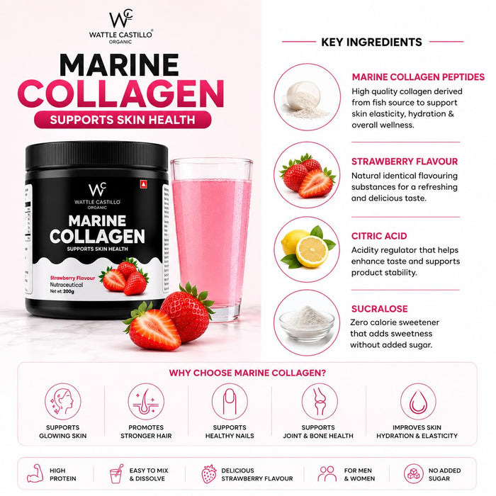 Marine Collagen Powder for Skin, Hair, Nails & Joint Support | Hydrolyzed Marine Collagen Peptides | Strawberry Flavour | 200g | High Protein Collagen Supplement