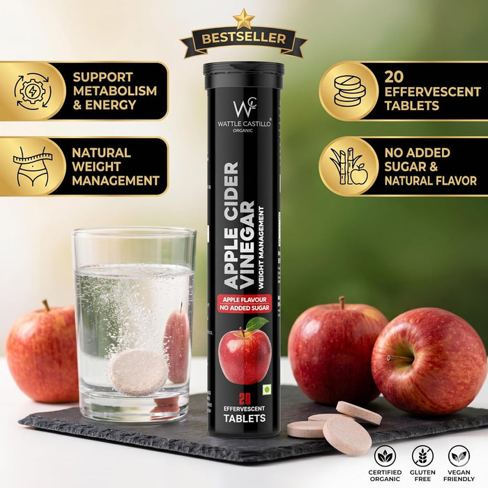 Apple Cider Vinegar Effervescent Tablets for Weight Management | Apple Flavour | No Added Sugar | Supports Metabolism & Energy | 20 Fizzy Tablets