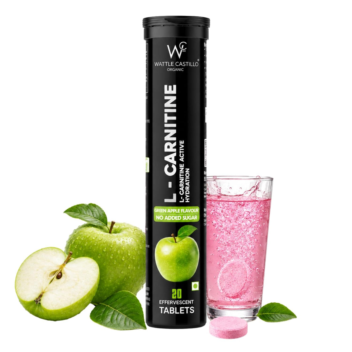 L-Carnitine Effervescent Tablets | Green Apple Flavor | Apple Cider Vinegar, Moringa, Vitamin B6 & B12 | Hydration & Energy Support | No Added Sugar | 20 Tablets - Wattle Castillo