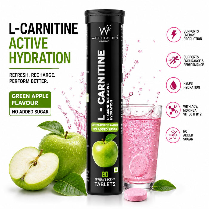 L-Carnitine Effervescent Tablets | Green Apple Flavor | Apple Cider Vinegar, Moringa, Vitamin B6 & B12 | Hydration & Energy Support | No Added Sugar | 20 Tablets - Wattle Castillo