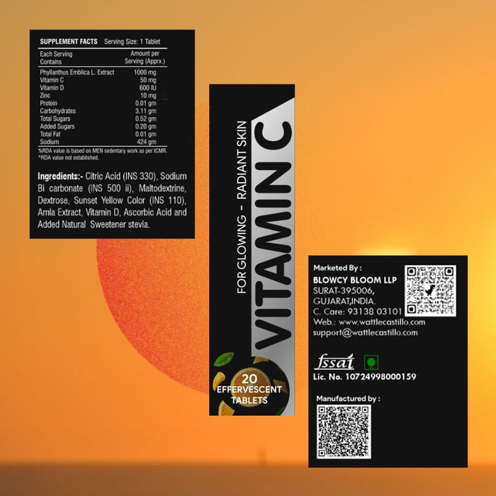 Wattle castillo Vitamin C Effervescent 1000mg – Sugar - Free, Immune Boost, Antioxidant Support, Fast - Acting Tablets, Refreshing for Healthy Skin, Hair & Nails Orange Flavor – 20 Count - Wattle Castillo