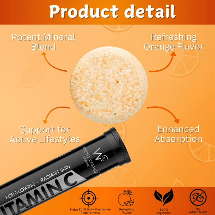 Wattle castillo Vitamin C Effervescent 1000mg – Sugar - Free, Immune Boost, Antioxidant Support, Fast - Acting Tablets, Refreshing for Healthy Skin, Hair & Nails Orange Flavor – 20 Count - Wattle Castillo