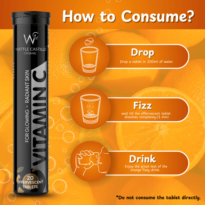 Wattle castillo Vitamin C Effervescent 1000mg – Sugar - Free, Immune Boost, Antioxidant Support, Fast - Acting Tablets, Refreshing for Healthy Skin, Hair & Nails Orange Flavor – 20 Count - Wattle Castillo