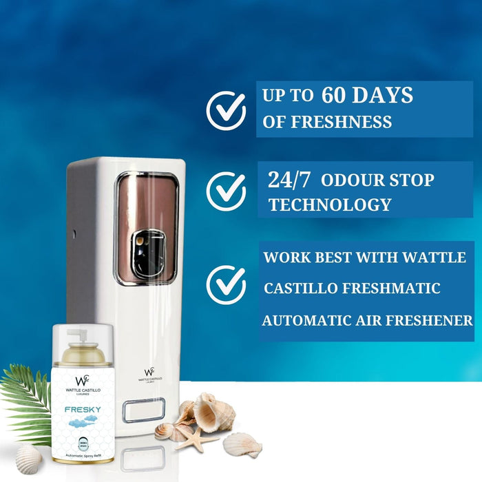 Air Freshener Dispenser Automatic Spray Machine + Fresky Refill -265 ml 3000+ Sprays Guaranteed - Wattle Castillo