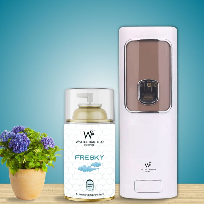 Air Freshener Dispenser Automatic Spray Machine + Fresky Refill -265 ml 3000+ Sprays Guaranteed - Wattle Castillo