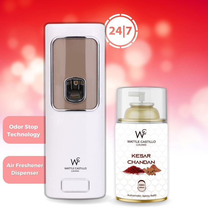 Air Freshener Dispenser Automatic Spray Machine + Kesar Chandan Refill - 265ml 3000+ Sprays Guaranteed - Wattle Castillo