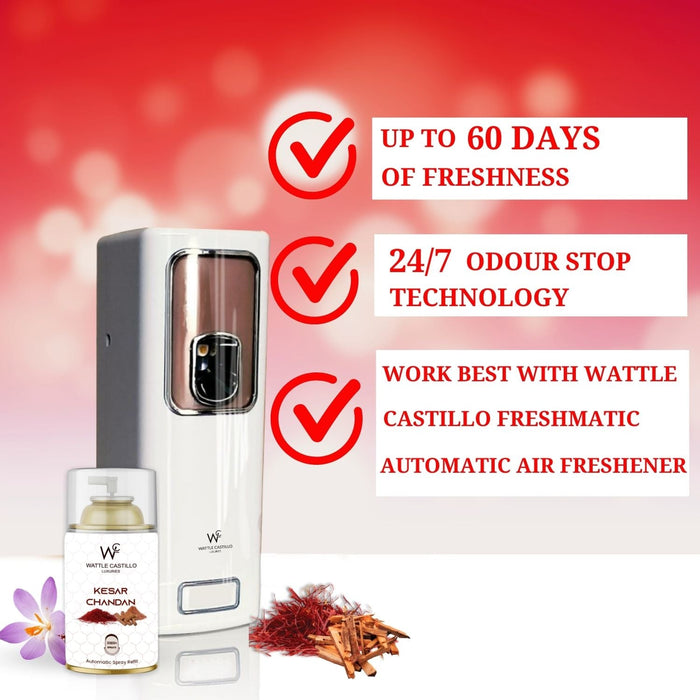 Air Freshener Dispenser Automatic Spray Machine + Kesar Chandan Refill - 265ml 3000+ Sprays Guaranteed - Wattle Castillo