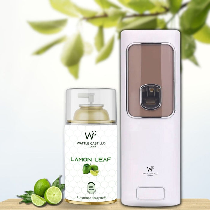 Air Freshener Dispenser Automatic Spray Machine + Lemon Leaf Refill - 265ml 3000+ Sprays Guaranteed - Wattle Castillo