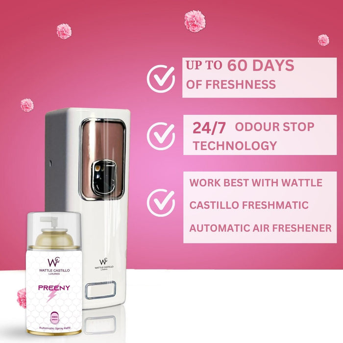 Air Freshener Dispenser Automatic Spray Machine + Preeny Refill - 265ml 3000+ Sprays Guaranteed - Wattle Castillo