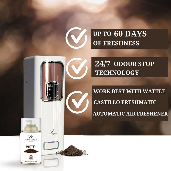 Air Freshener Dispenser Automatic Spray Machine + Rainy Mitti Refill - 265ml 3000+ Sprays Guaranteed - Wattle Castillo