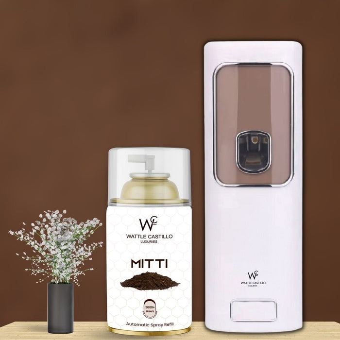 Air Freshener Dispenser Automatic Spray Machine + Rainy Mitti Refill - 265ml 3000+ Sprays Guaranteed - Wattle Castillo