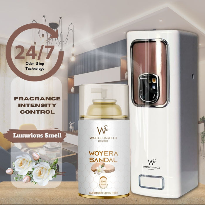 Air Freshener Dispenser Automatic Spray Machine + Woyera Sandal Refill - 265 ml 3000+ Sprays Guaranteed - Wattle Castillo