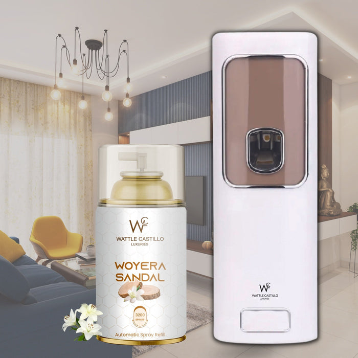 Air Freshener Dispenser Automatic Spray Machine + Woyera Sandal Refill - 265 ml 3000+ Sprays Guaranteed - Wattle Castillo