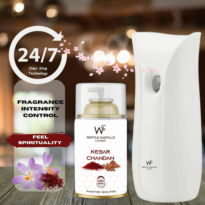 Automatic Air Freshener Dispenser Electric Automatic Machine + Kesar Chandan Refill - 265ml And 3000+ Sprays Guaranteed Room Freshener (Machine + Kesar Chandan) - Wattle Castillo