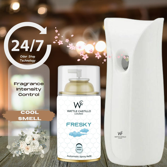 Automatic Air Freshener Dispenser Electric Automatic Machine+Fresky Refill -265ml 3000+ Sprays Guaranteed Room Freshener (Machine + Fresky) - Wattle Castillo