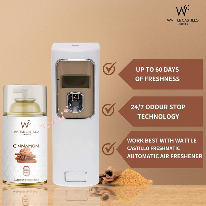 Automatic Room Freshener Spray Machine With 3 Selected Time Mode + Cinnamon 265ml Refill For Bathroom,Hospital,Hotel,Rastaurant Banquet Hall - Wattle Castillo