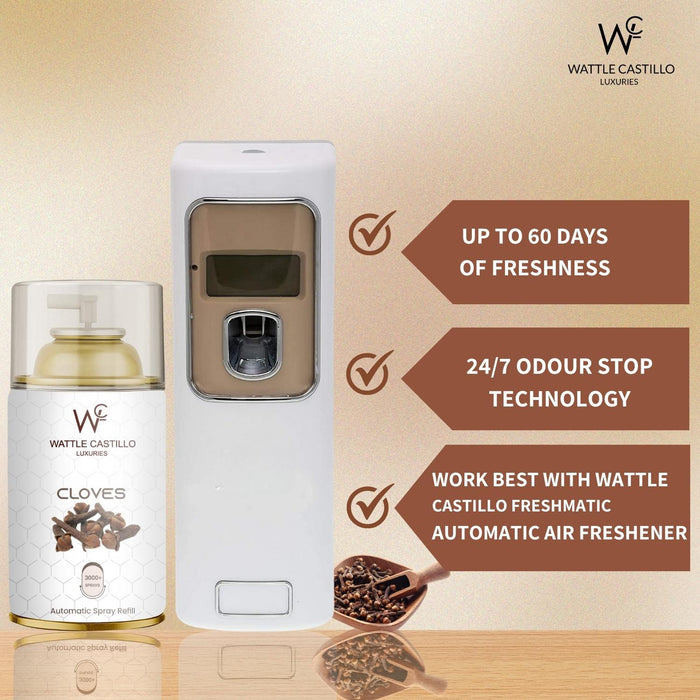 Automatic Room Freshener Spray Machine With 3 Selected Time Mode + Cloves 265ml Refill For Bathroom,Hospital,Hotel,Rastaurant Banquet Hall - Wattle Castillo