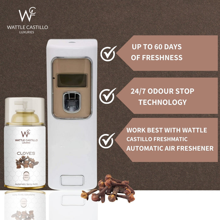 Automatic Room Freshener Spray Machine With 3 Selected Time Mode + Cloves 265ml Refill For Bathroom,Hospital,Hotel,Rastaurant Banquet Hall - Wattle Castillo