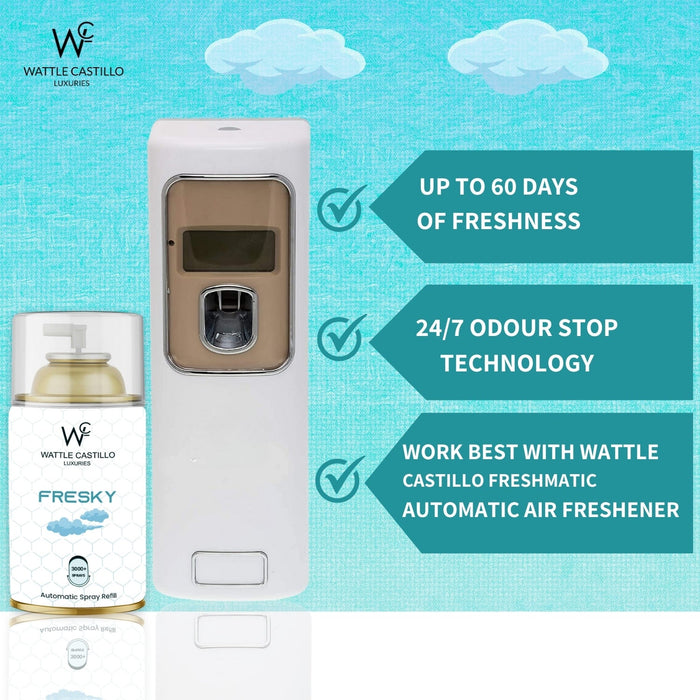 Automatic Room Freshener Spray Machine With 3 Selected Time Mode + Fresky 265ml Refill For Bathroom,Hospital,Hotel,Rastaurant Banquet Hall - Wattle Castillo