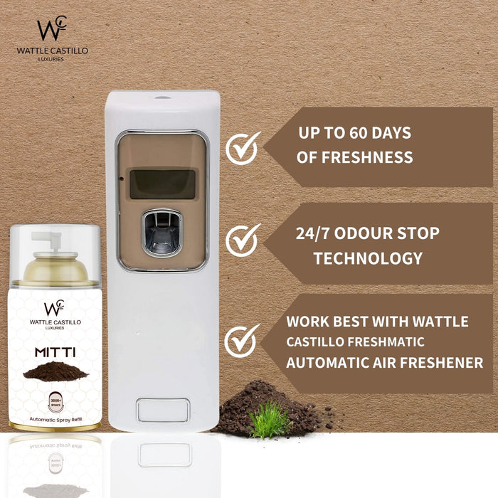 Automatic Room Freshener Spray Machine With 3 Selected Time Mode + Rainy Mitti 265ml Refill For Bathroom,Hospital,Hotel,Rastaurant Banquet Hall - Wattle Castillo