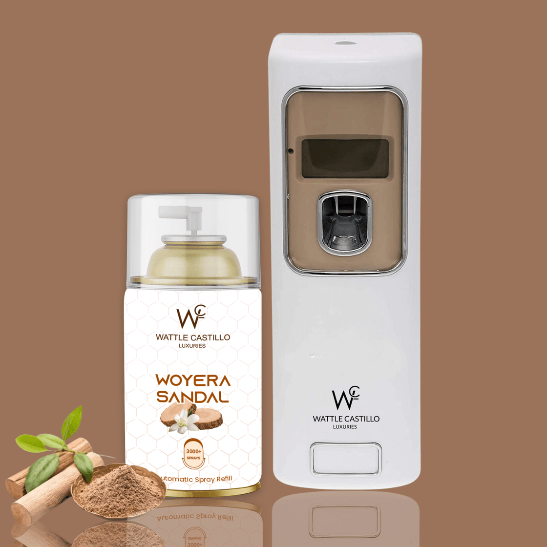 Automatic Room Freshener Spray Machine With 3 Selected Time Mode + Woyera Sandel 265ml Refill For Bathroom,Hospital,Hotel,Rastaurant Banquet Hall - Wattle Castillo