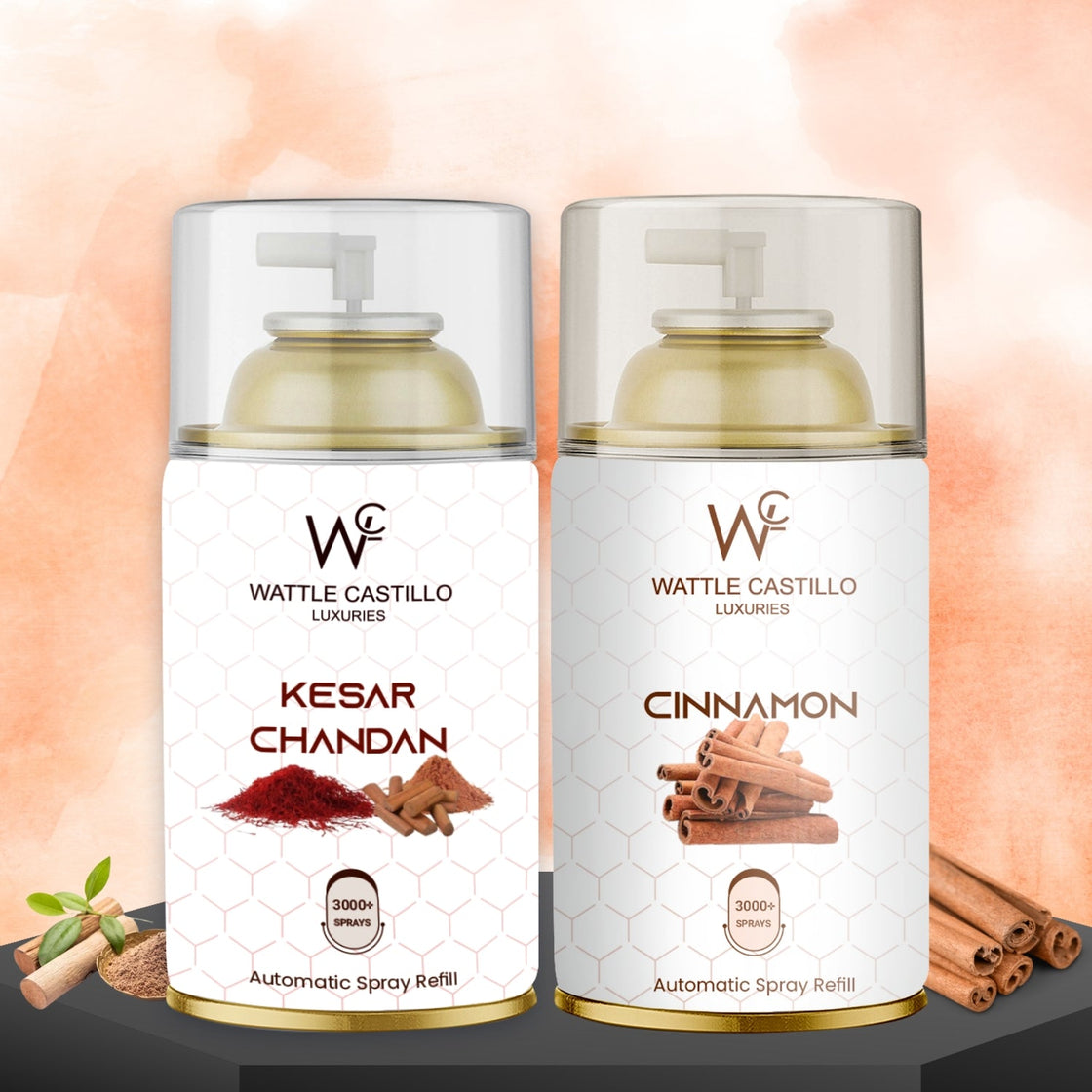 Cinnamon And Kesar Chandan Automatic Refill Room Fresheners Combo (265ml × 2) - Wattle Castillo
