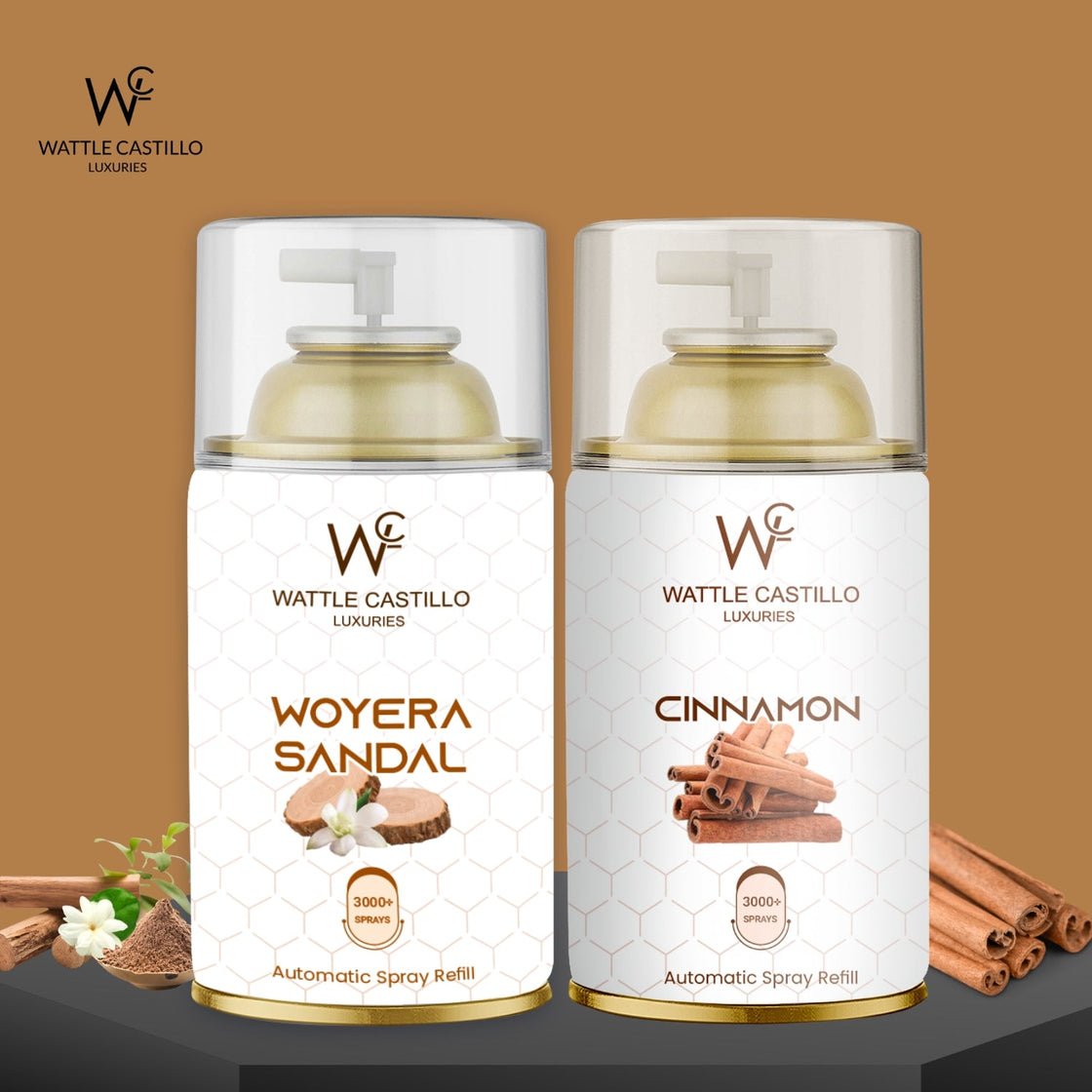 Cinnamon And Woyera Sandal Automatic Refill Room Fresheners Combo (265ml × 2) - Wattle Castillo