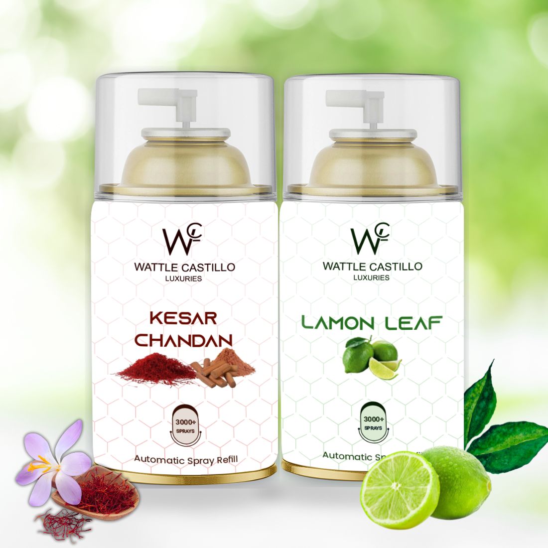 Kesar chandan and Lemon Leaf Automatic Dispenser Refill Room Fresheners Combo (265ml × 2) - Wattle Castillo