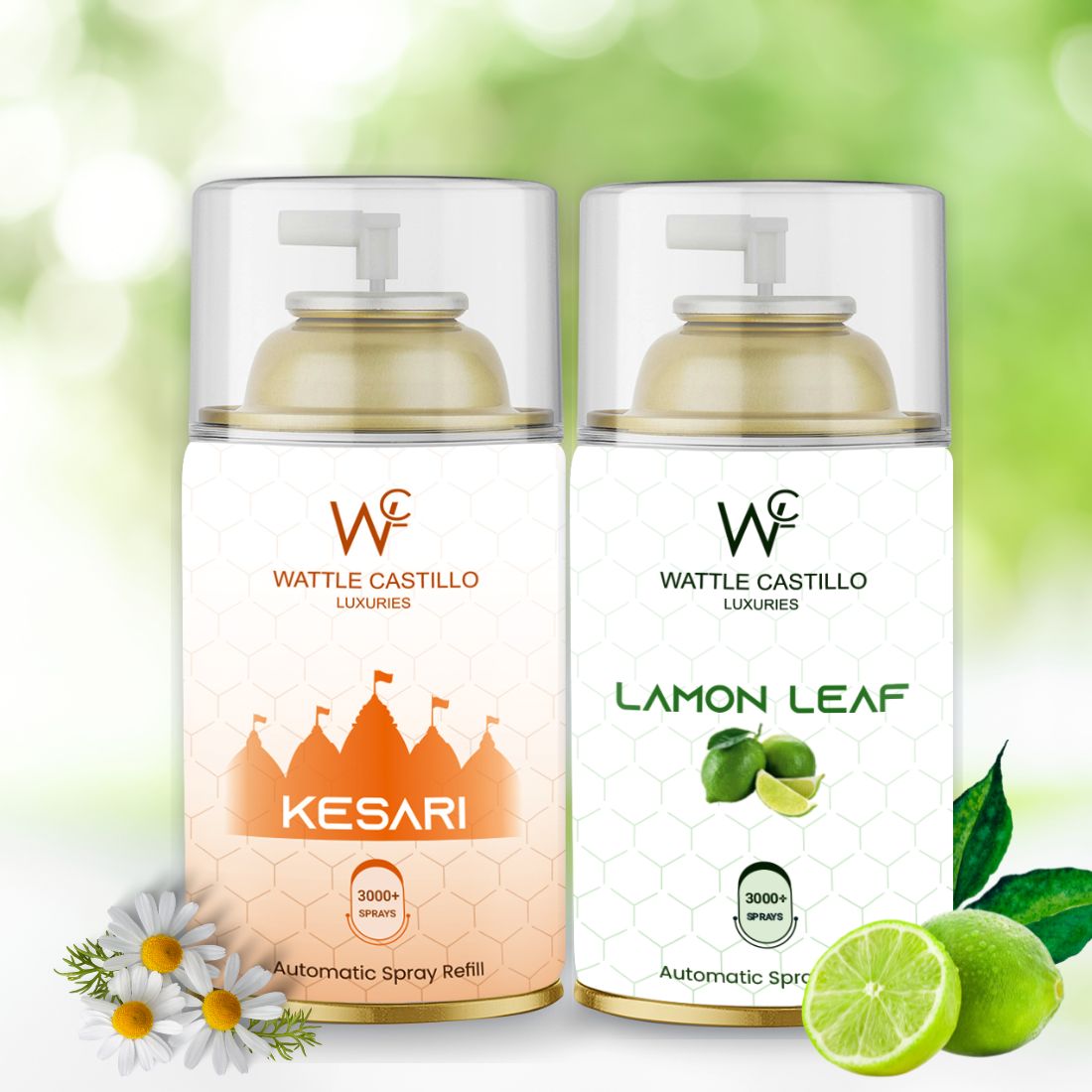 Kesari And Lemon Leaf Automatic Refill Room Fresheners Combo (265ml × 2) - Wattle Castillo