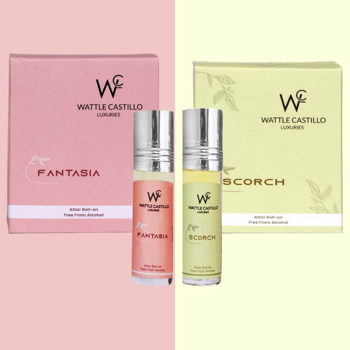 Wattle Castillo Fantasia And Scorch Premium Luxury 100% Non Alcoholic Long Lasting Roll On Attar Combo Perfume For Unisex - Wattle Castillo