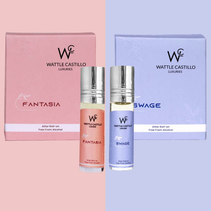 Wattle Castillo Fantasia And Swage Premium Luxury 100% Non Alcoholic Long Lasting Roll On Attar Combo Perfume For Unisex - Wattle Castillo