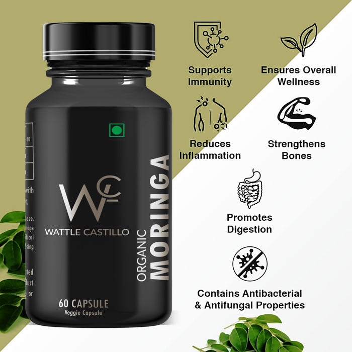 Wattle Castillo Moringa Capsules | 100% Pure & Forest-Grown Supplement | A Natural Multivitamin | Boosts Immunity & Metabolism | Promotes Healthy Heart & Brain | Manage Diabetes & Cholesterol- 60 Veg Caps - Wattle Castillo