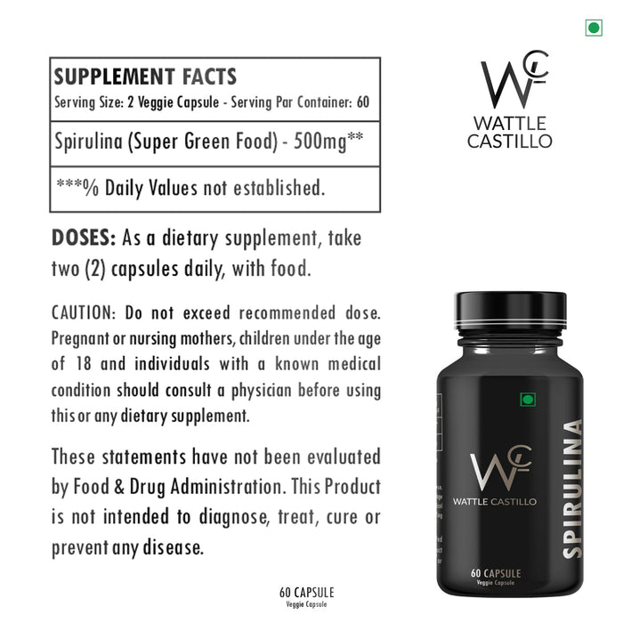 Wattle Castillo Organics Spirulina 500mg Supplement | Green Food For Good Health Weight Management And Immunity Booster - Wattle Castillo