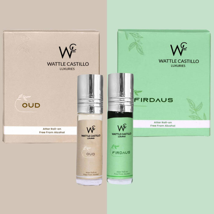 Wattle Castillo Oud And Friduas Premium Luxury 100% Non Alcoholic Long Lasting Roll On Attar Combo Perfume For Unisex - Wattle Castillo