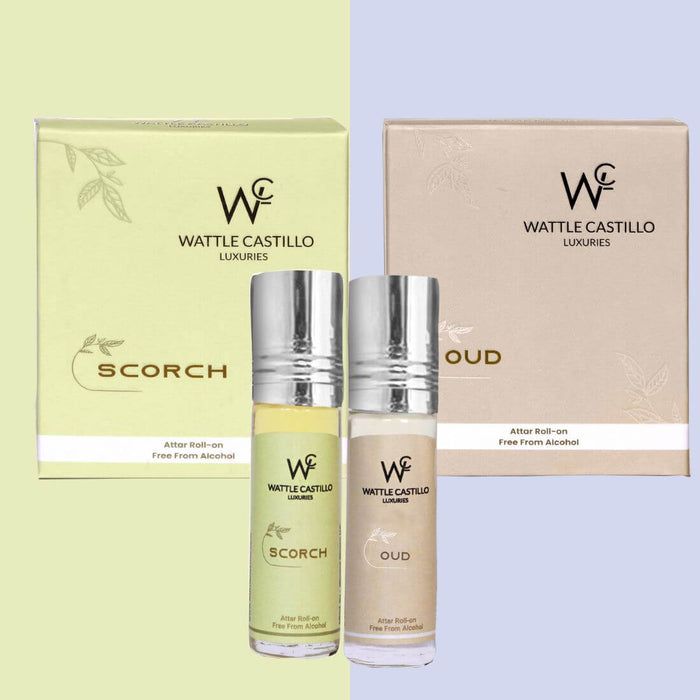 Wattle Castillo Scorch And Oud Premium Luxury 100% Non Alcoholic Long Lasting Roll On Attar Combo Perfume For Unisex - Wattle Castillo