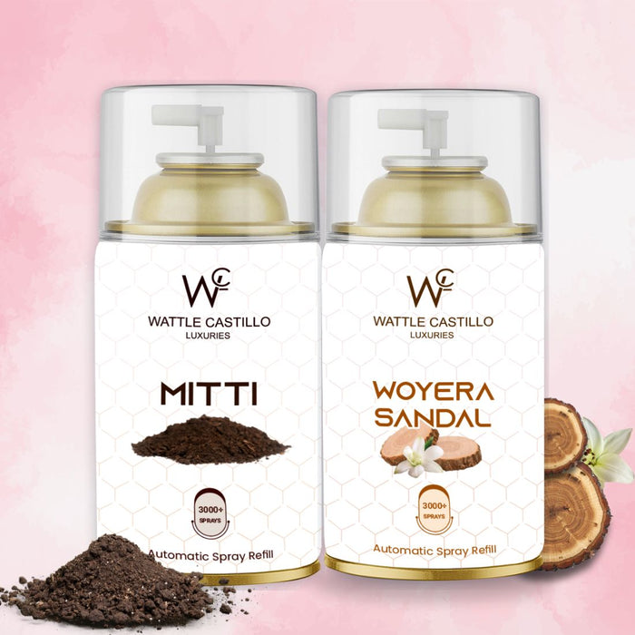 Woyera Sandal and Mitti Automatic Refill Room Fresheners Combo (265ml×2) - Wattle Castillo